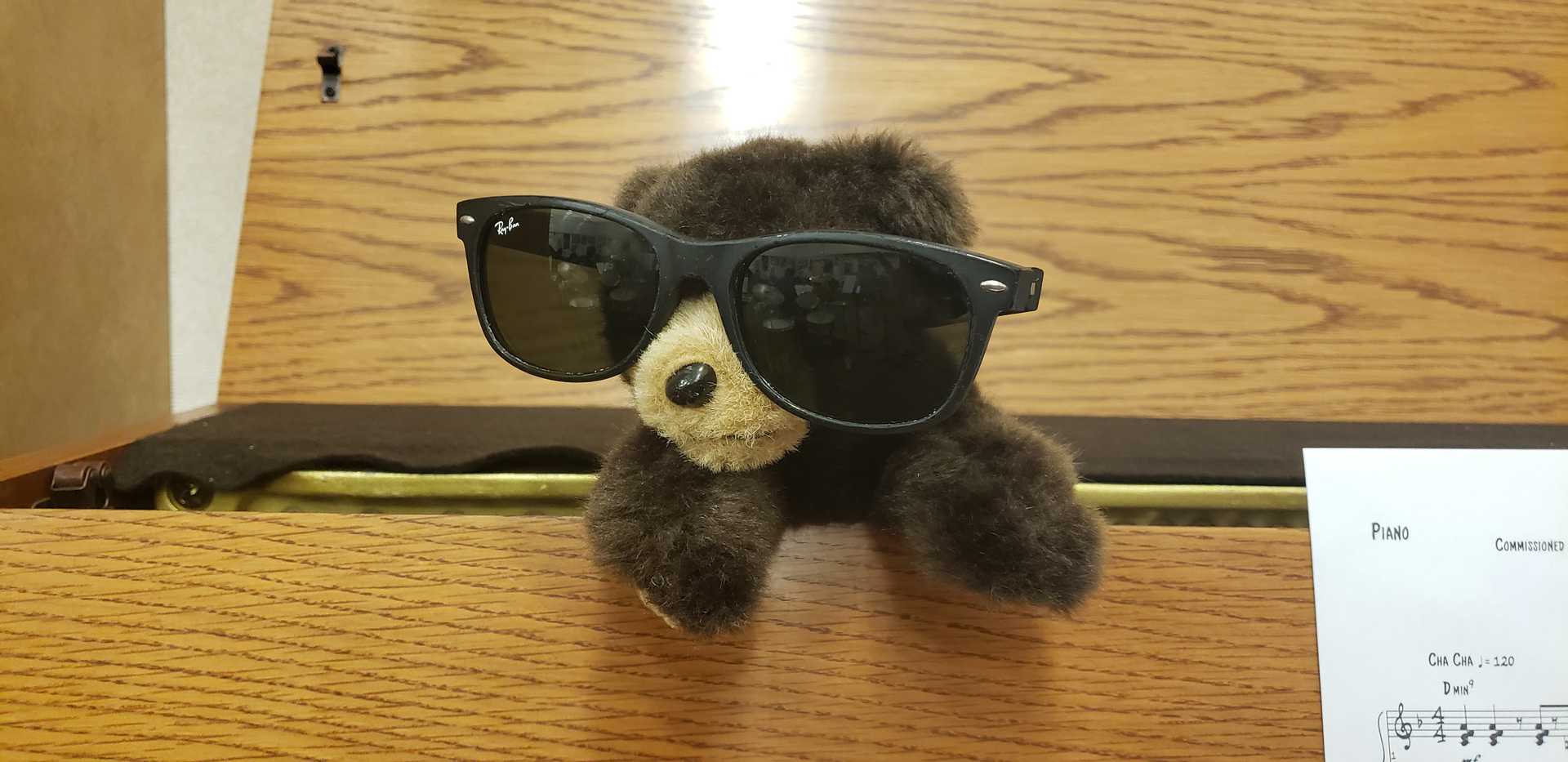 A teddy bear, wearing Ray Ban sunglasses, sticking it's head out of an upright piano. A piece of piano music is in the lower right corner.