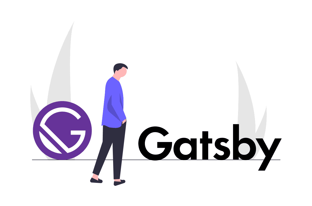 A drawing of a person with short dark hair, long dark pants, and a purple shirt standing between the Gatsby logo and the word Gatsby