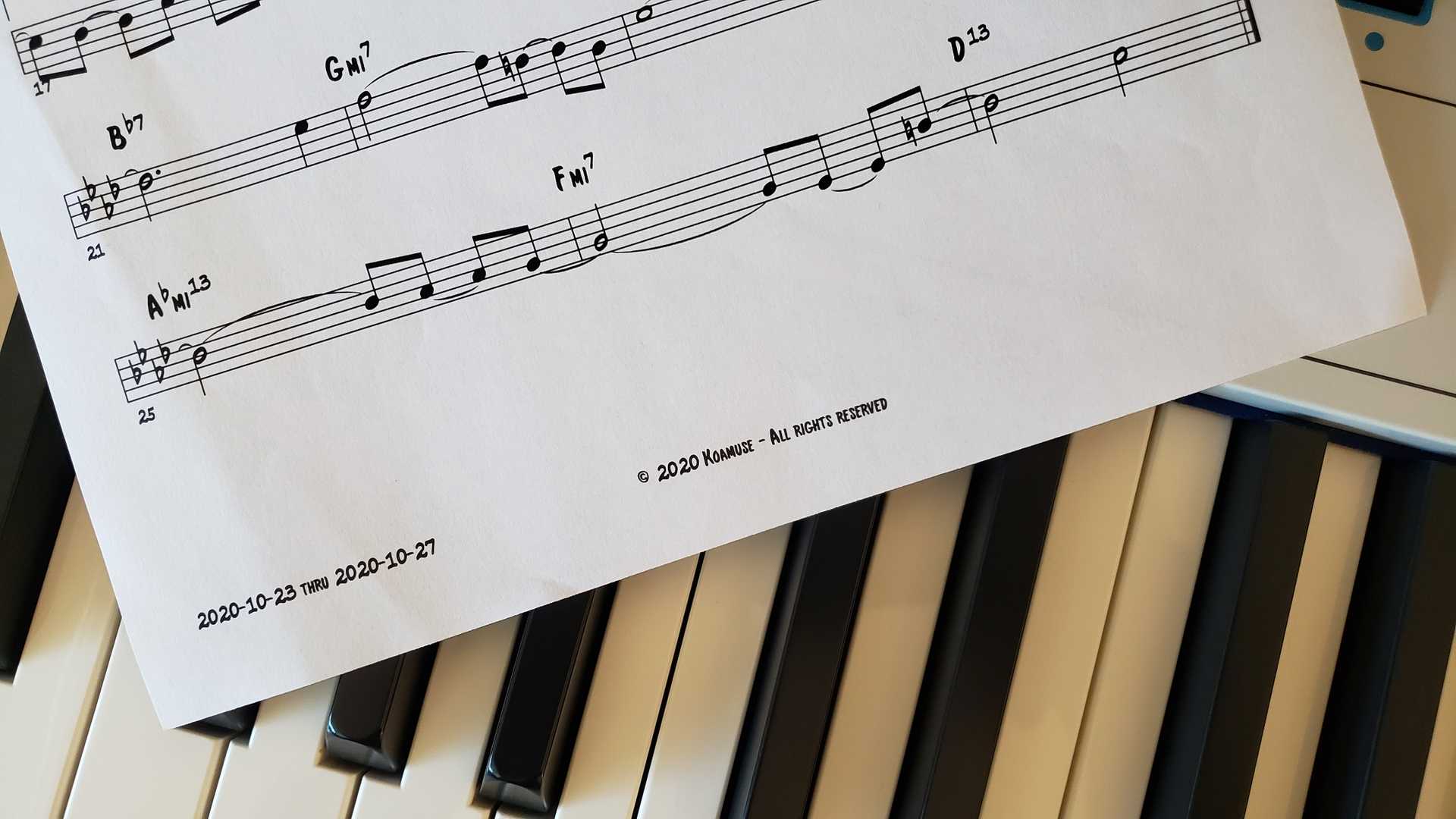 Piece of sheet music on a keyboard displaying the copyright prominently