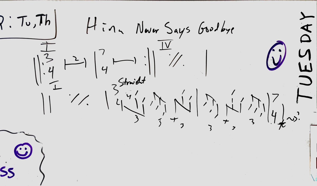 Whiteboard showing a sketch of the idea for this tune